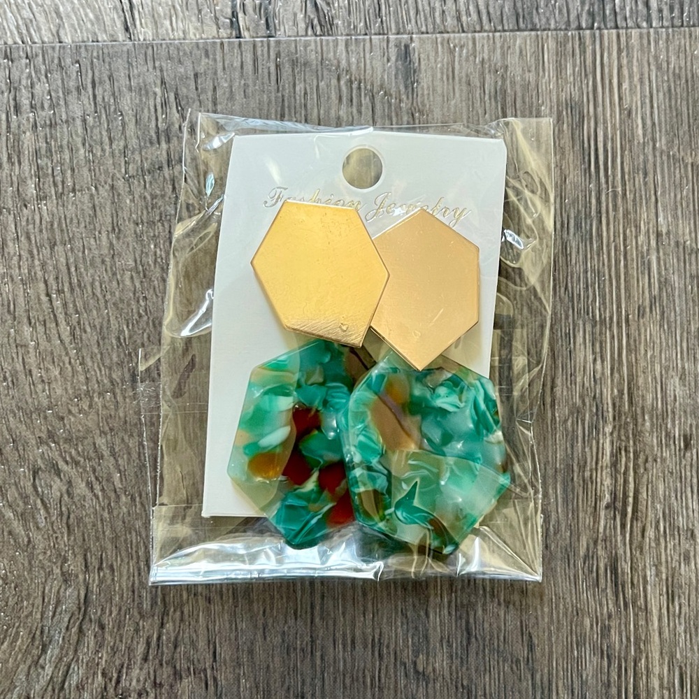 Hexagon Gold and Green Marbled Earrings
